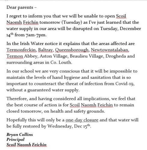 Emergency Closure - Disruption to Water Supply - Dec 14th